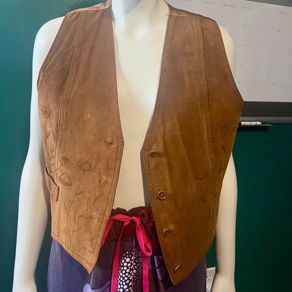ZOOM IN! Vintage suede and satin vest, recently embossed with woodland flora!